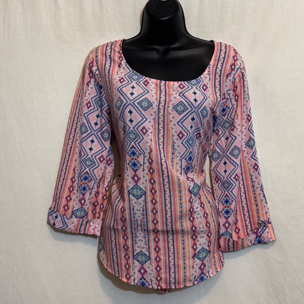 H-55 Wishful Park Pink & Blue 1/2 Sleeve Pullover Blouse Size‎ M